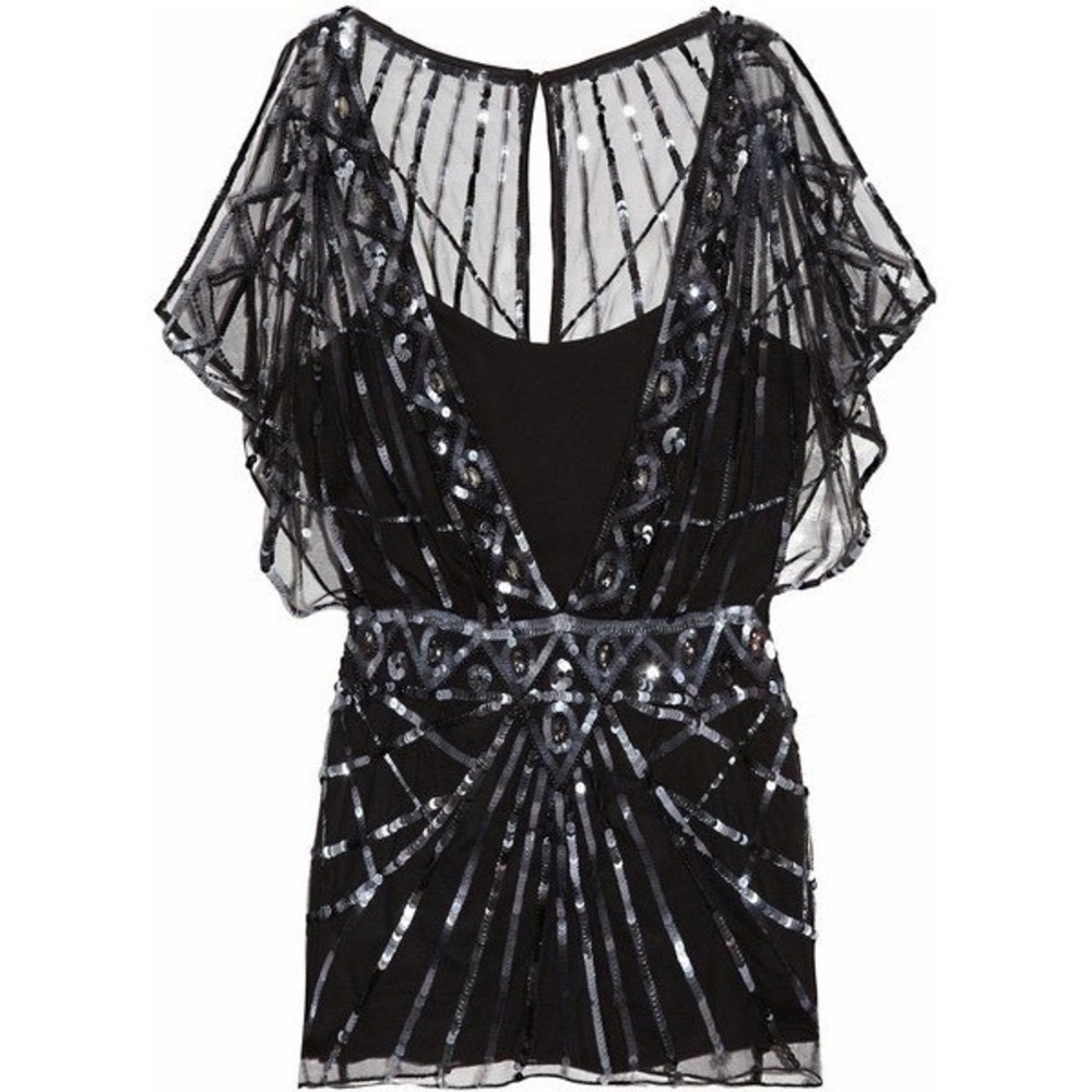 Temperley London Black Sequin Embellished Flutter Sleeve V Neck Top UK14 US10